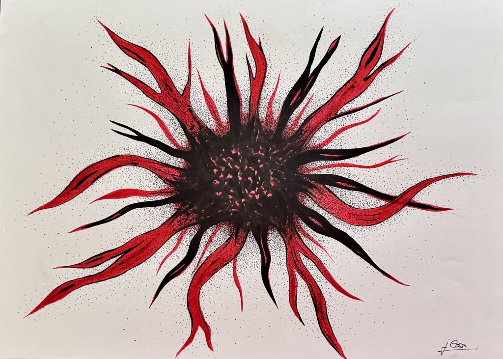 Dessin d'une grosse boule noir avec des tentacule noir et rouge qui partent tout autour. Cette boule représente la colère.